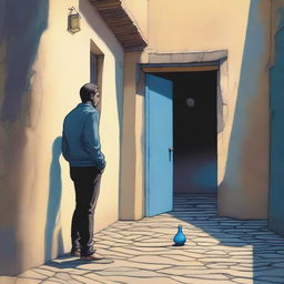 A lone male figure stands heroically in a stone doorway, one leg firmly planted on a shadowy cobblestone street, while the other leg steps through the doorway into a landscape bathed in warm sunlight