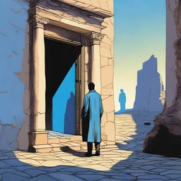 A lone male figure stands heroically in a stone doorway, one leg firmly planted on a shadowy cobblestone street, while the other leg steps through the doorway into a landscape bathed in warm sunlight