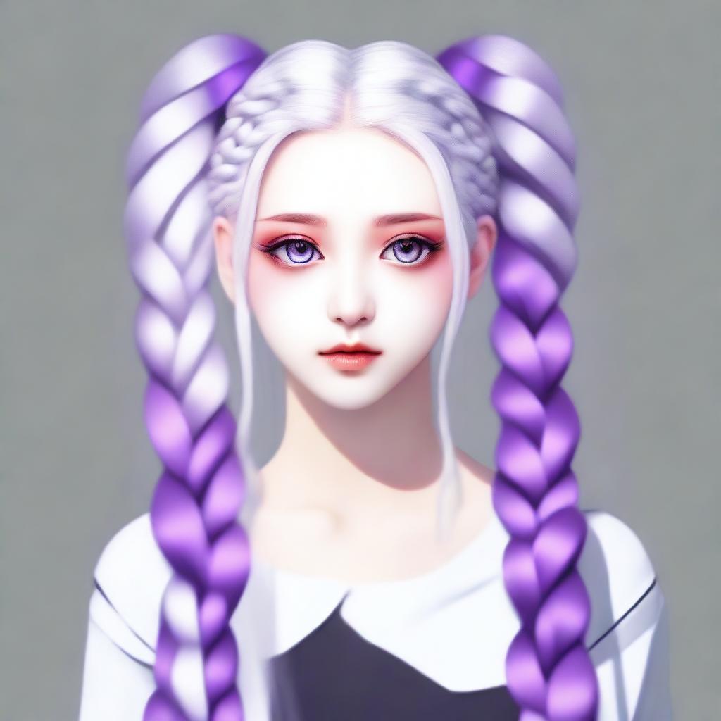 A woman with bright purple eyes and long hair that is white on her left side and red on her right