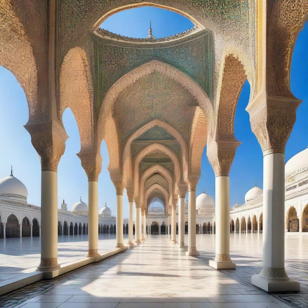 A beautiful front view of a mosque's veranda, showcasing its intricate architectural details and serene atmosphere