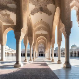 A beautiful front view of a mosque's veranda, showcasing its intricate architectural details and serene atmosphere