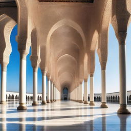 A beautiful front view of a mosque's veranda, showcasing its intricate architectural details and serene atmosphere