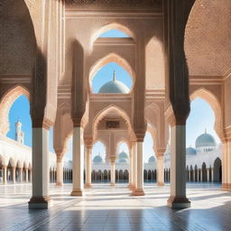 A beautiful front view of a mosque's veranda, showcasing its intricate architectural details and serene atmosphere