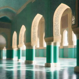 An elegant veranda of a mosque with prominent Islamic architectural elements such as arches, calligraphy, and geometric ornaments