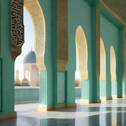 An elegant veranda of a mosque with prominent Islamic architectural elements such as arches, calligraphy, and geometric ornaments