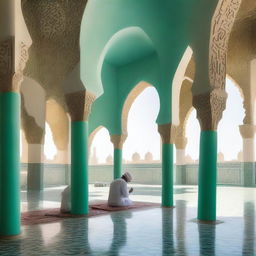 An elegant veranda of a mosque with prominent Islamic architectural elements such as arches, calligraphy, and geometric ornaments