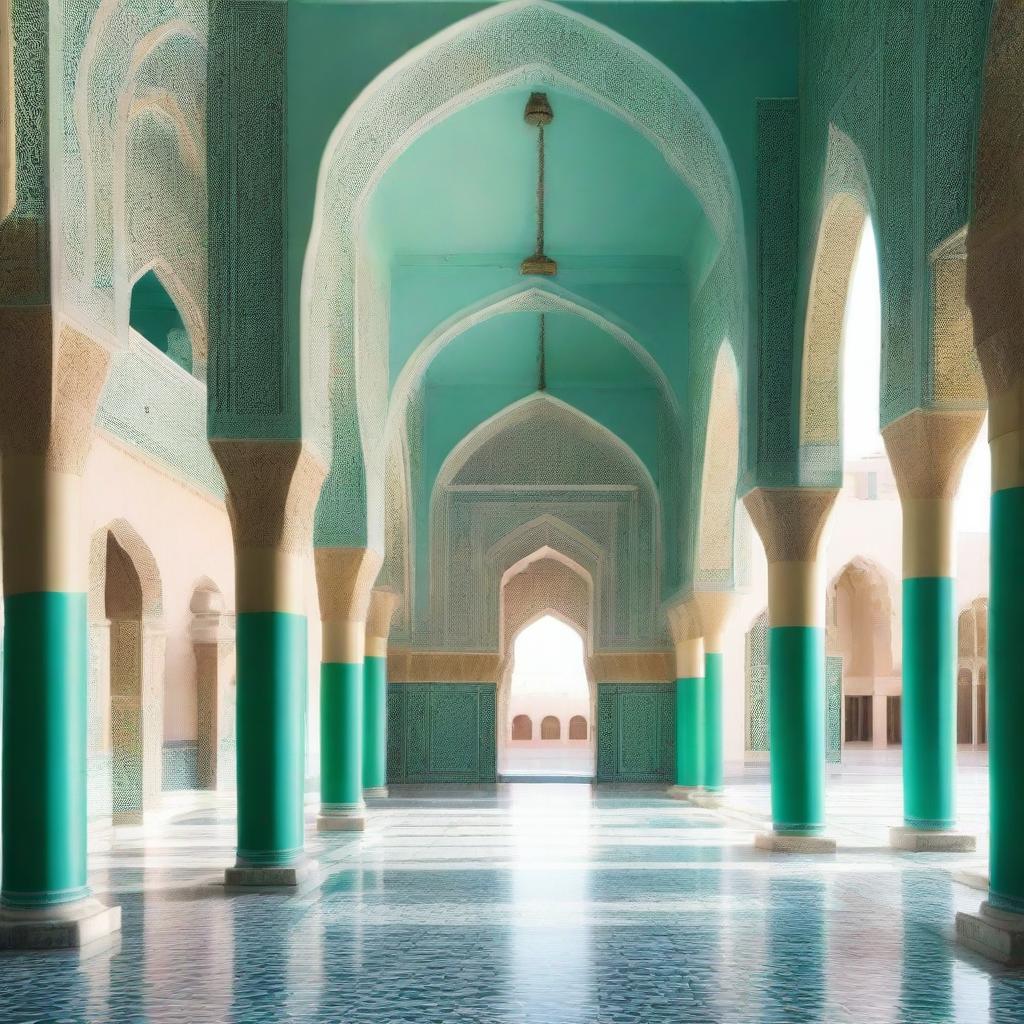 An elegant veranda of a mosque with distinctive Islamic architecture, featuring prominent artistic elements such as arches, calligraphy, and geometric ornaments