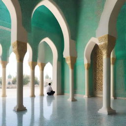 An elegant veranda of a mosque with distinctive Islamic architecture, featuring prominent artistic elements such as arches, calligraphy, and geometric ornaments