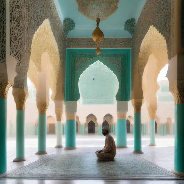 An elegant veranda of a mosque with distinctive Islamic architecture, featuring prominent artistic elements such as arches, calligraphy, and geometric ornaments