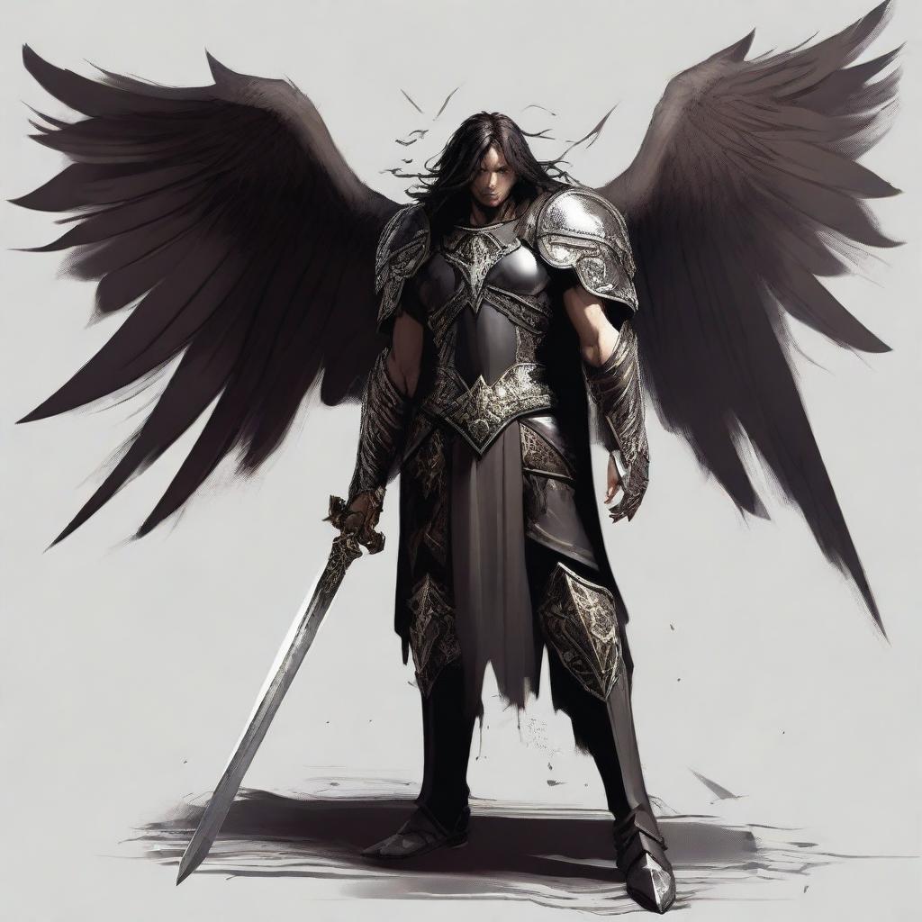 A male warrior seraph with three pairs of wings, semi-wavy long hair, clad in dark leather armor, stands tall