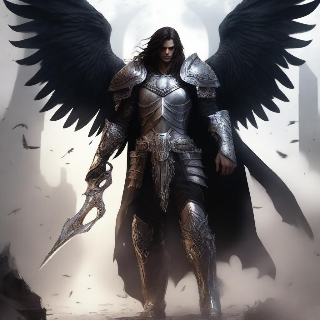 A male warrior seraph with three pairs of wings, semi-wavy long hair, clad in dark leather armor, stands tall