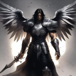 A male warrior seraph with three pairs of wings, semi-wavy long hair, clad in dark leather armor, stands tall