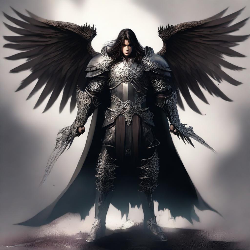 A male warrior seraph with three pairs of wings, semi-wavy long hair, clad in dark leather armor, stands tall