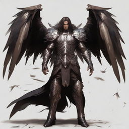 A male warrior seraph with three pairs of wings, semi-wavy long hair, clad in dark leather armor, stands tall