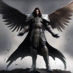 A male warrior seraph with three pairs of wings, semi-wavy long hair, clad in dark leather armor, stands tall