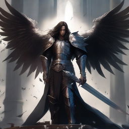 A male warrior seraph with three pairs of wings, semi-wavy long hair, clad in dark leather armor, stands tall