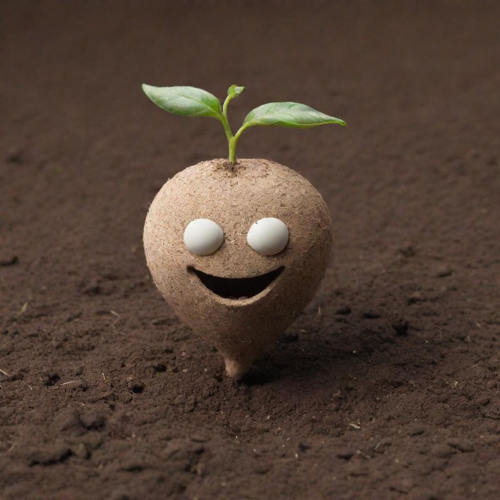 A single anthropomorphic seed set in rich soil. The seed has a friendly, expressive face and is seemingly voicing its dreams and aspirations for growth. Despite the imagined scene, the setting appears impressively real and organic.