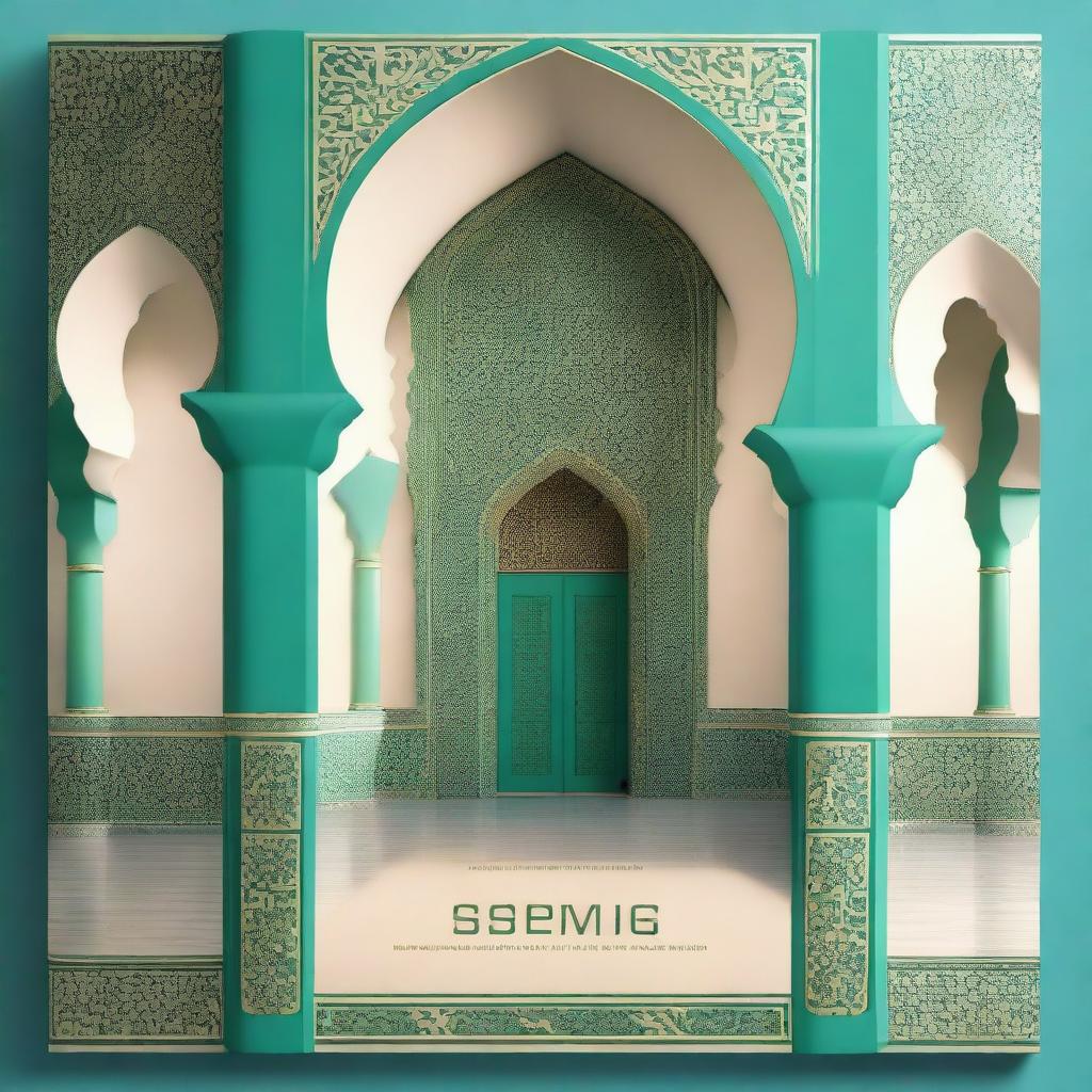 Create an elegant book cover featuring the veranda of a mosque with distinctive Islamic architecture