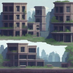 A detailed pixel art background of an abandoned city