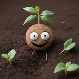 A single anthropomorphic seed set in rich soil. The seed has a friendly, expressive face and is seemingly voicing its dreams and aspirations for growth. Despite the imagined scene, the setting appears impressively real and organic.