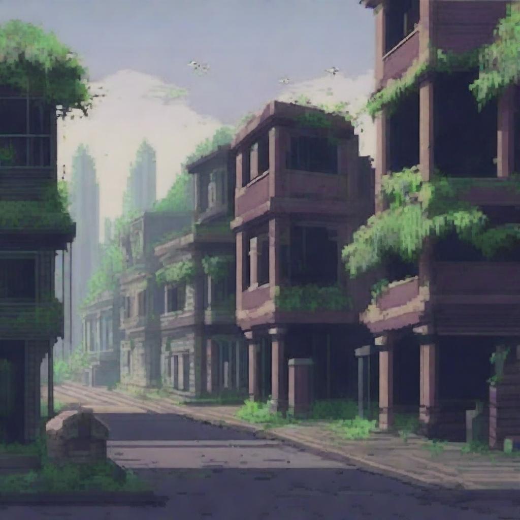 A detailed pixel art background of an abandoned city