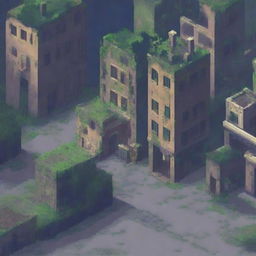 A detailed pixel art background of an abandoned city