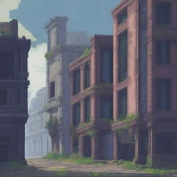 A detailed pixel art background of an abandoned city