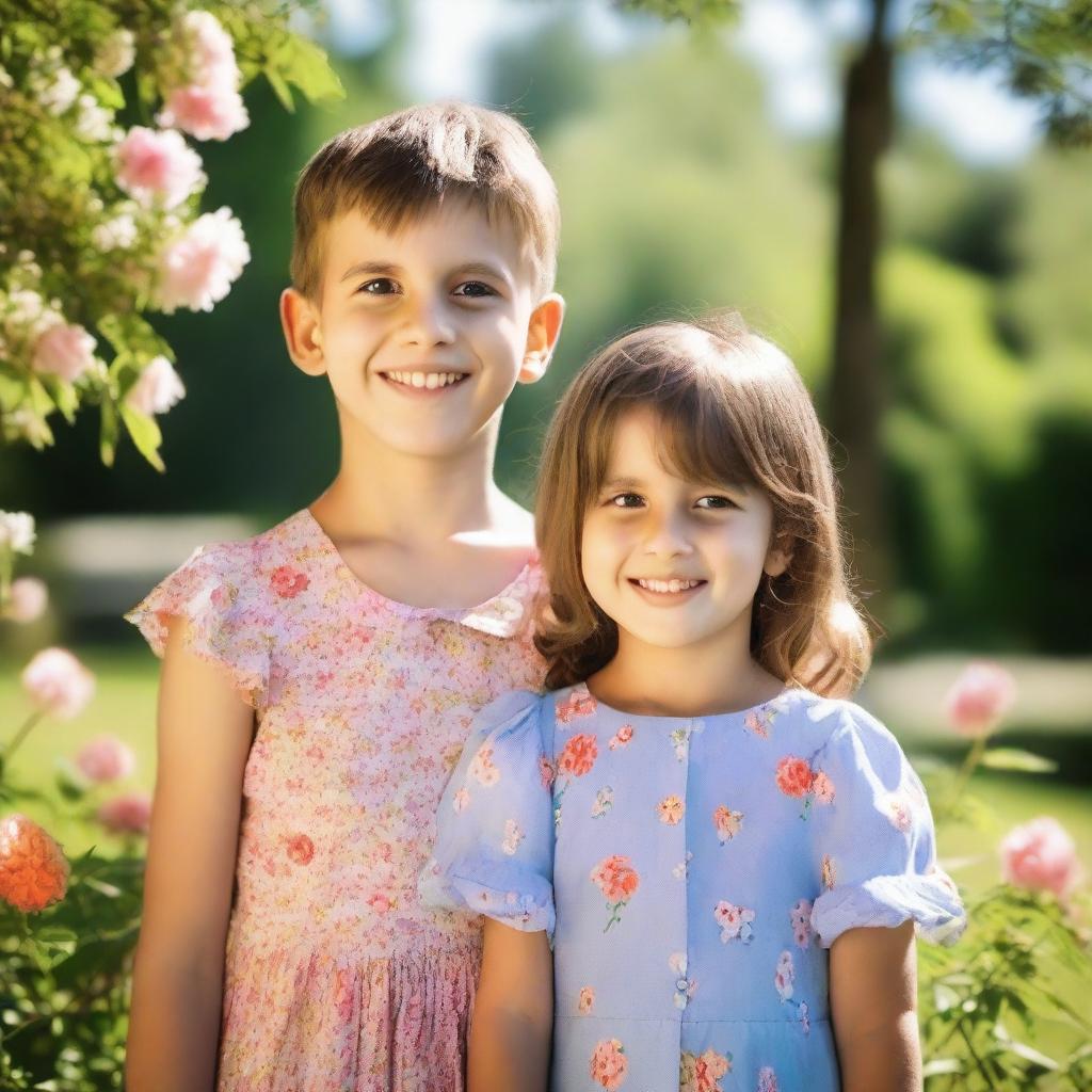 A picture of a girl and a boy standing together, both smiling