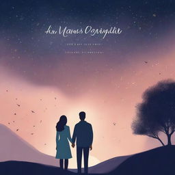 A beautiful book cover for a romantic story, featuring a couple holding hands under a starry night sky