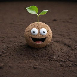 A single anthropomorphic seed set in rich soil. The seed has a friendly, expressive face and is seemingly voicing its dreams and aspirations for growth. Despite the imagined scene, the setting appears impressively real and organic.