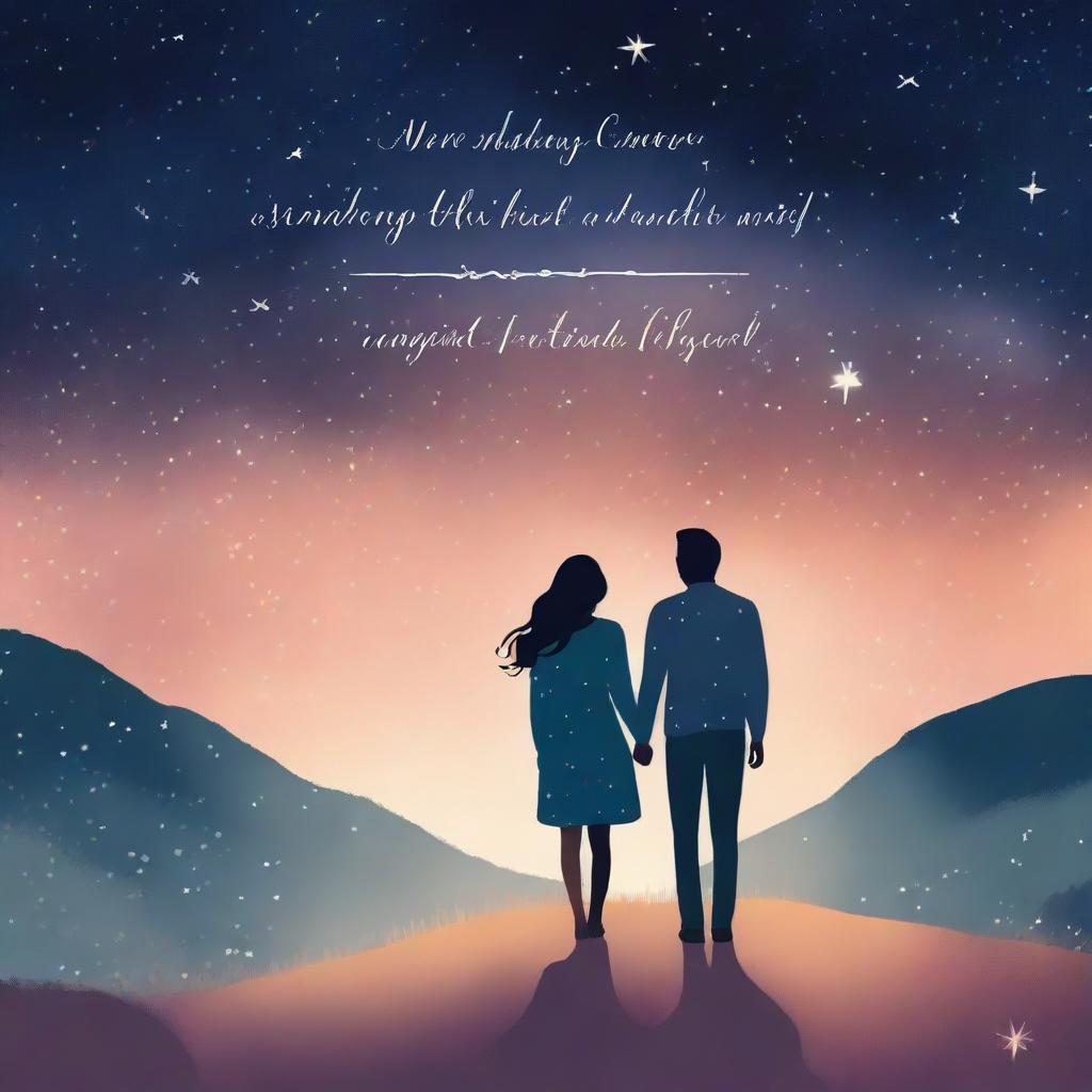 A beautiful book cover for a romantic story, featuring a couple holding hands under a starry night sky