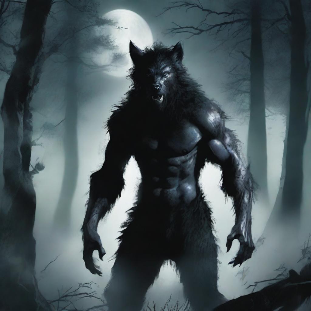 A dramatic scene of a werewolf in a dark forest under a full moon, with eerie mist and ancient trees