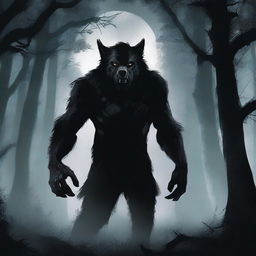 A dramatic scene of a werewolf in a dark forest under a full moon, with eerie mist and ancient trees