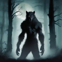 A dramatic scene of a werewolf in a dark forest under a full moon, with eerie mist and ancient trees