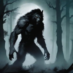 A dramatic scene of a werewolf in a dark forest under a full moon, with eerie mist and ancient trees