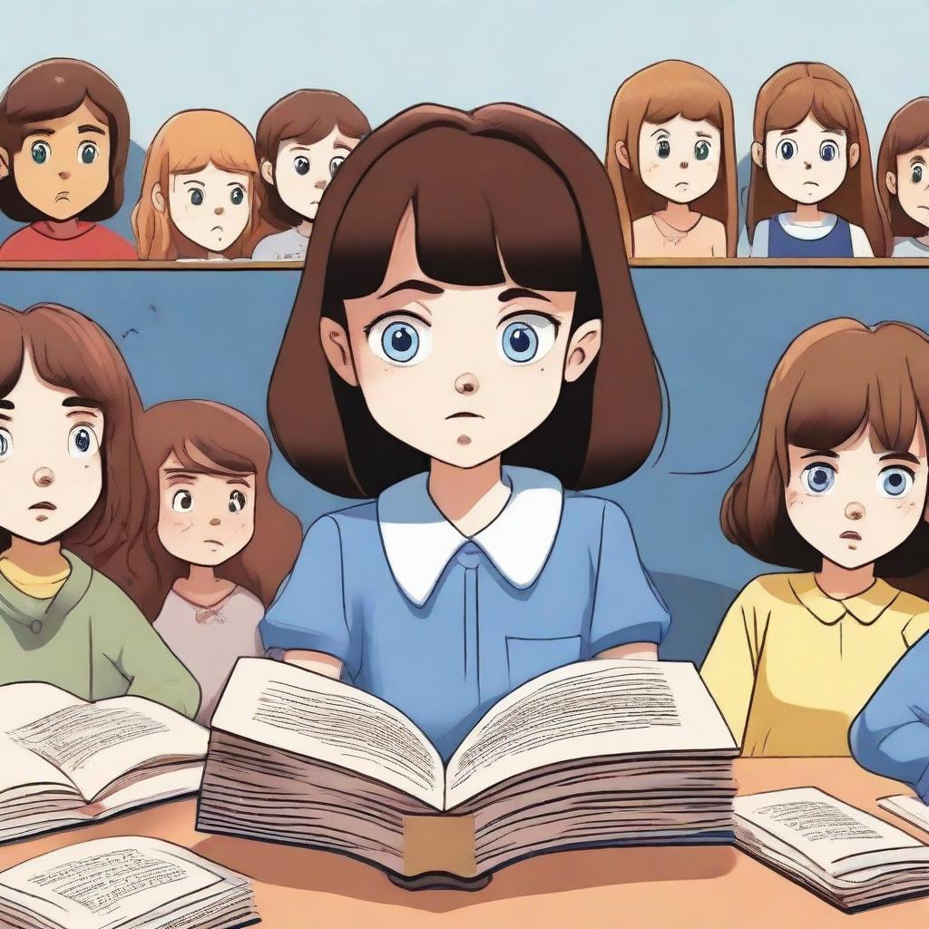 A girl with brunette hair and deep blue eyes is frowning with her head in a book