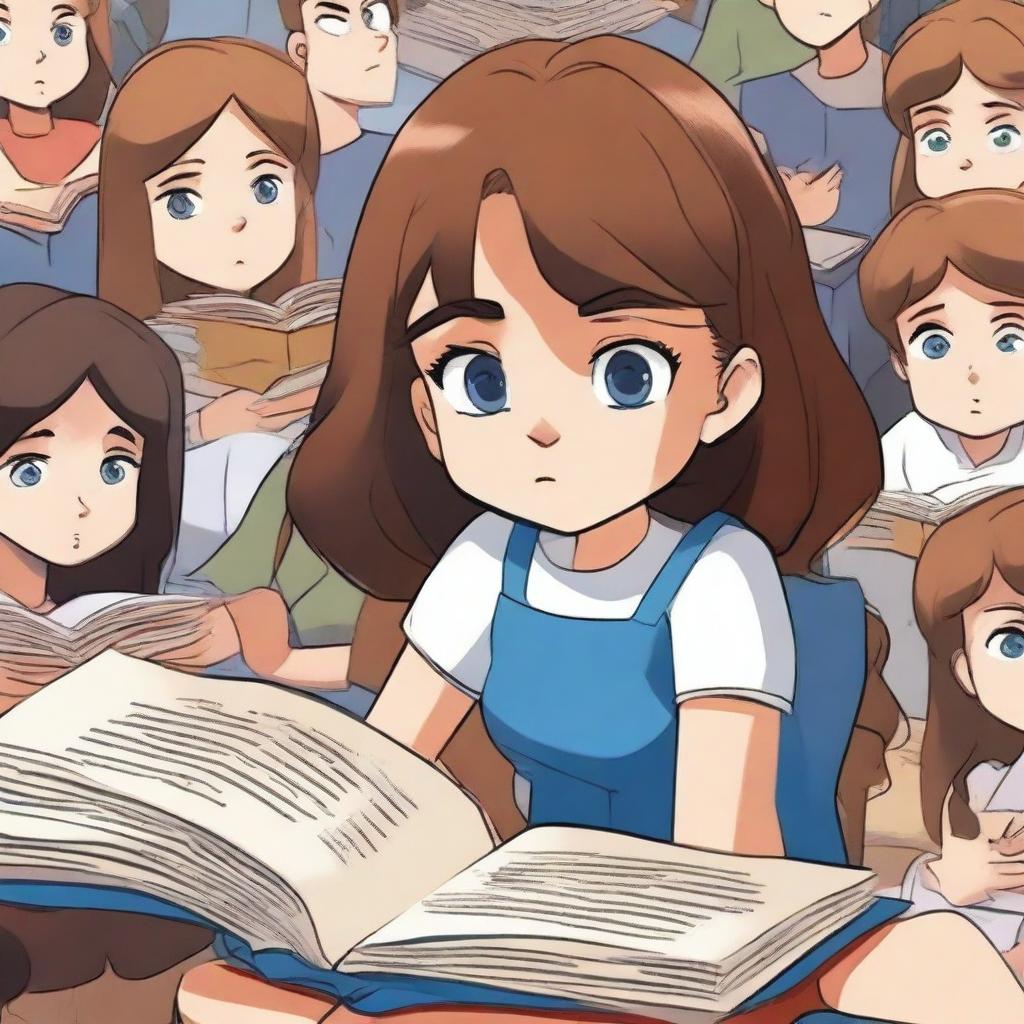 A girl with brunette hair and deep blue eyes is frowning with her head in a book