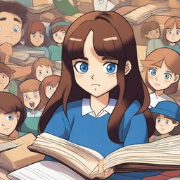 A girl with brunette hair and deep blue eyes is frowning with her head in a book