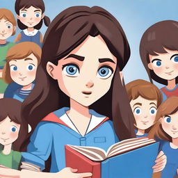 A girl with brunette hair and deep blue eyes is frowning with her head in a book