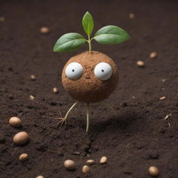 A single anthropomorphic seed set in rich soil. The seed has a friendly, expressive face and is seemingly voicing its dreams and aspirations for growth. Despite the imagined scene, the setting appears impressively real and organic.