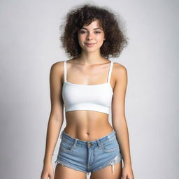 A brunette girl with short curly hair, a small waist, moderately sized breasts, and a well-proportioned butt