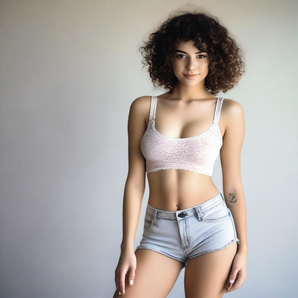 A brunette girl with short curly hair, a small waist, moderately sized breasts, and a well-proportioned butt