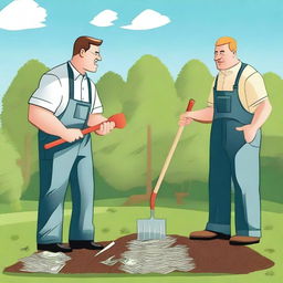 Two landscapers are passionately arguing over a large pile of money on a grassy lawn