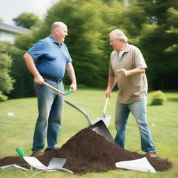 Two landscapers are passionately arguing over a large pile of money on a grassy lawn