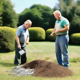 Two landscapers are passionately arguing over a large pile of money on a grassy lawn