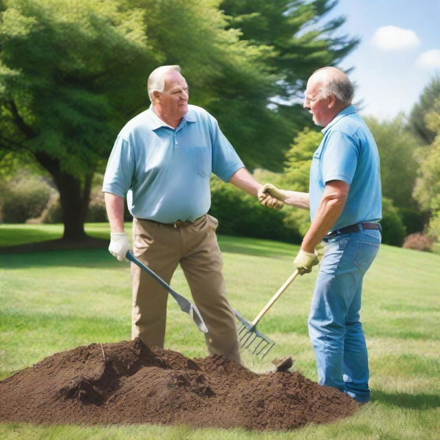 Two landscapers are passionately arguing over a large pile of money on a grassy lawn