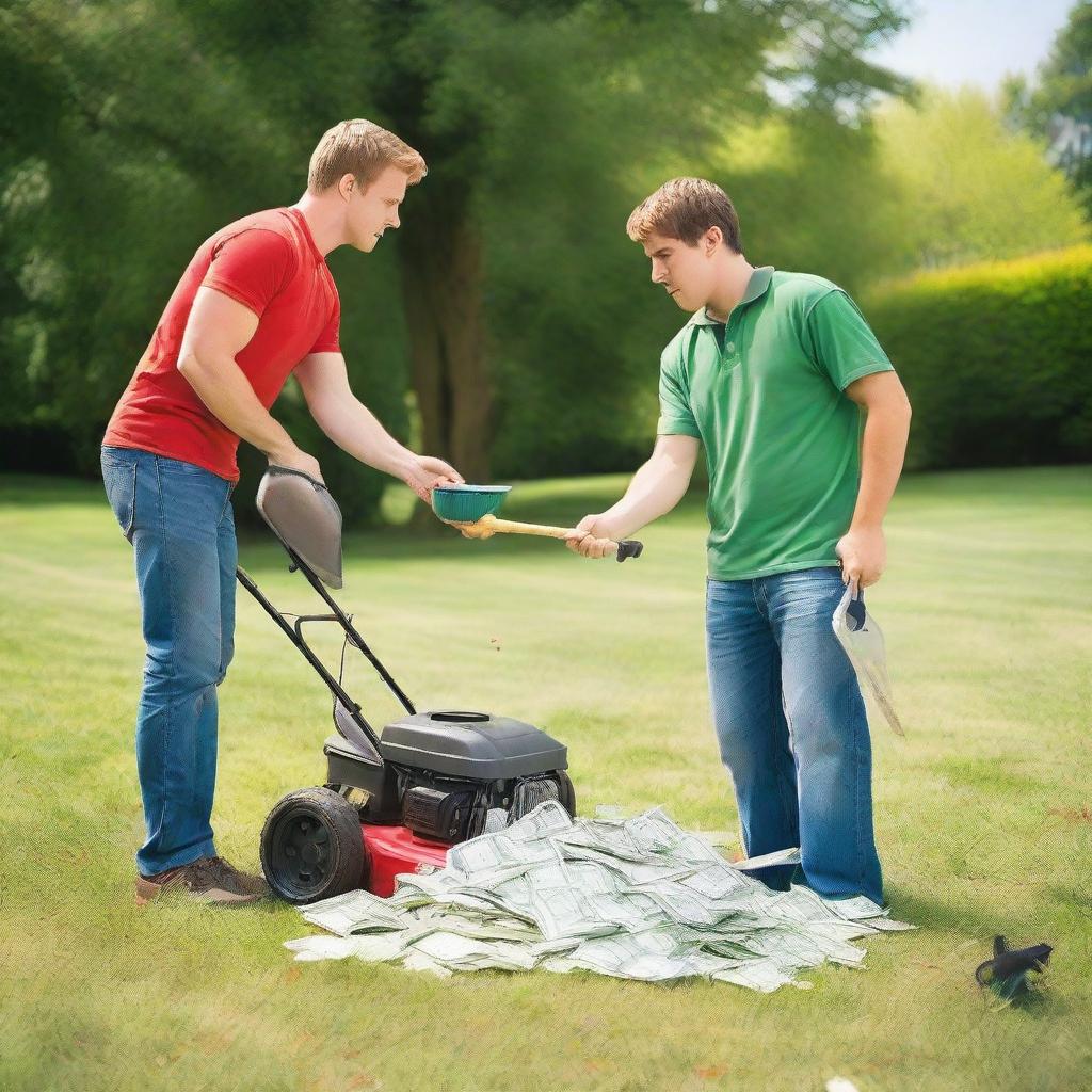 Two young landscapers are passionately arguing over a large pile of money on a grassy lawn