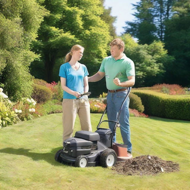 Two young landscapers are passionately arguing over a large pile of money on a grassy lawn