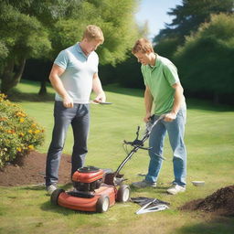 Two young landscapers are passionately arguing over a large pile of money on a grassy lawn