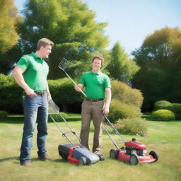 Two young landscapers are passionately arguing over a large pile of money on a grassy lawn